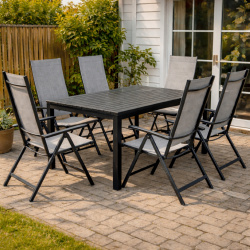 Moderne havem�bels�t til 6 personer med positions-stole og udtr�kkeligt vedligeholdelsesfrit bord