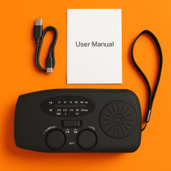 Multifunktionel ndradio med batteri, solceller, hndsving, powerbank og lygte  Sort