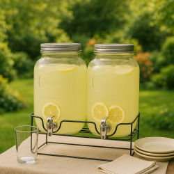 Stilren og praktisk saftdispenser med tappehane 2 x 4L klare glasbeholdere med sort metalstativ