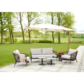 Fyrkantigt ljusgrhngande parasol 3x3m med lutningssystem som kan skugga den lgt hngande kvllssol