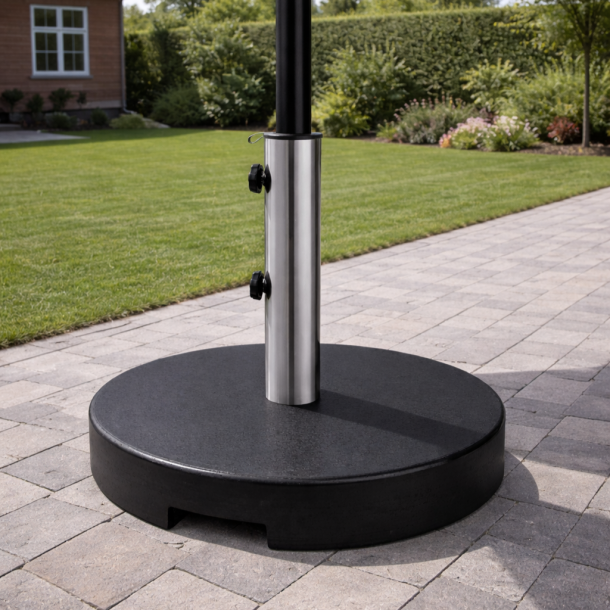 Rund granit parasolfod med hjul og udsk�ret h�ndtag - 40 kg Sort
