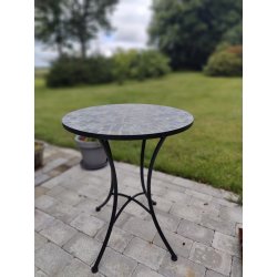 Eksotisk caf�bord med smuk mosaikbordplade og elegant sort metalstel �60 cm