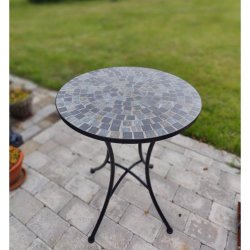 Eksotisk caf�bord med smuk mosaikbordplade og elegant sort metalstel �60 cm