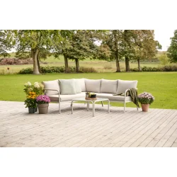 Stilrent lounges�t med hj�rnesofa i polyester og glasbord - B197xD197xH63 cm - Beige