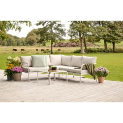 Stilrent lounges�t med hj�rnesofa i polyester og glasbord - B197xD197xH63 cm - Beige
