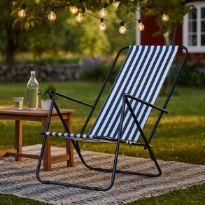 Camping stol med striber bl/Hvid og 2 positioner i ryg. - Komfort og Stil til Udendrs Brug