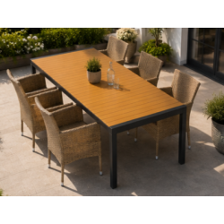 Vedligeholdelsesfrit Lykke Havem�bels�t � Udtr�ksbord i Nonwood 205-275 cm + 6 Asta Stabelstole i Polyrattan
