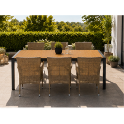 Vedligeholdelsesfrit Lykke Havem�bels�t � Udtr�ksbord i Nonwood 205-275 cm + 6 Asta Stabelstole i Polyrattan
