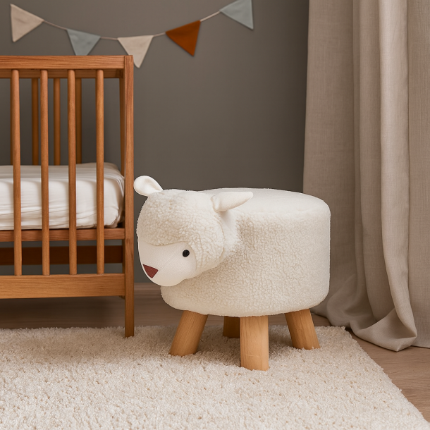 Hvid Skammel med Lamme motiv - Dacore- PERFEKT SKAMMEL TIL BRNEVRELSET!!