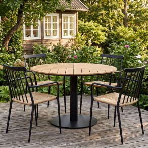 Solveig havem�bels�t - Elegant �113 cm rundt havebord i sort og teaklook med 4 komfortable sort/natur stabelstole