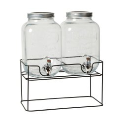 Stilren og praktisk saftdispenser med tappehane 2 x 4L klare glasbeholdere med sort metalstativ