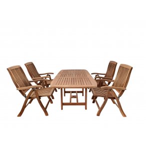 Kernestams gold teak st. Bord med udtrk 4-8 pers. Inkl. 4 stk. gold teak 5-pos. stole med hj ryg