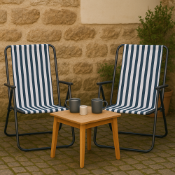 Camping stol med striber bl/Hvid og 2 positioner i ryg. - Komfort og Stil til Udendrs Brug