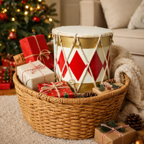 Festlig tromme i malet tr� og �gte skin - b�de dekorativ og spilbar! Flere st�rrelser!