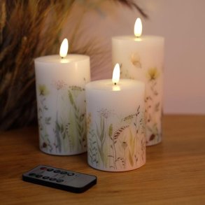 LED FLORA bloklys-st med 3 stk. m. fjernbetjening og timerfunktion 