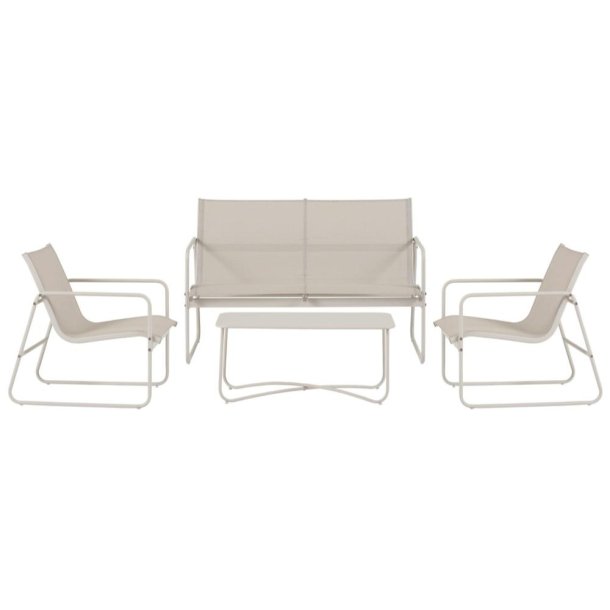 Vedligeholdelsesfrit loungest Theodor med 2-personers sofa, sofabord og 2 stole Sandgr&aring; stel/sandgr&aring; bordplade/sandgr&aring; s&aelig;de og rygl&aelig;n i textilene