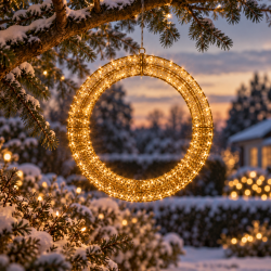 Smuk guldfarvet dekorationsring i metal med hyggeligt LED-lys og adapter - Til indend�rs og udend�rs brug - F�s i flere st�rrelser