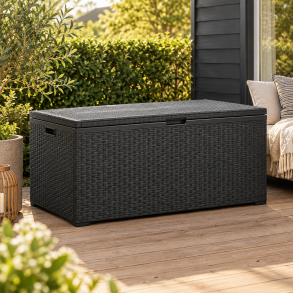 Stor Vandt�t 460L hyndeboks i sort Rattan-look - 120x61x63 cm - Vedligeholdelsesfri og vejrbestandig - St�rrelsen passer til 5-positionshynder og mindre