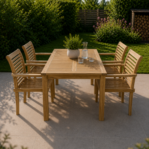 Havem�bels�t i silver teak med stabelstole i h�j kvalitet 90X150 model: Sams�/Lombok