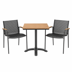 Eline havem�bels�t i teak og antracitfarvet aluminium�- Moderne og pladsbesparende caf�s�t med �t caf�bord 70x70 cm og 2 stabelbare stole - Model: Mood Classic