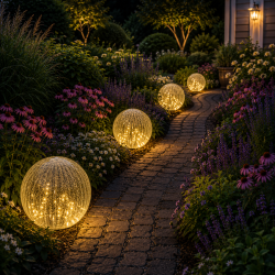 Solcelle kugle med spyd i krakeleret glas med solcellepanel - 20 LED-lys - F�s i flere st�rrelser