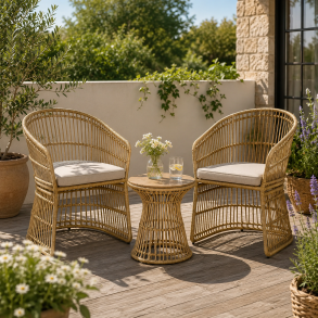 Elegant caf�s�t i naturfarvet polyrattan - 2 komfortable stole med hynder og rundt sidebord �42 cm