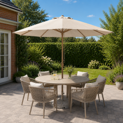 Beige MEGA parasol med teakfarvet alu stang og tr�ksnor - Model: Frank -str. �3.5M