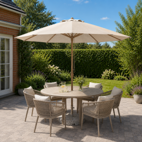 Beige MEGA parasol med teakfarvet alu stang og tr�ksnor - Model: Frank -str. �3.5M