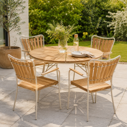 Sia havem�bels�t med stilrent �110 cm havebord og 4 stabelbare havestole i sandfarvet aluminium og gold teak - Ideel til hyggelige stunder p� terrassen eller haven