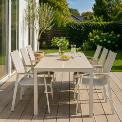 Ingrid havem�bels�t - Stilfuldt haves�t i naturfarvet aluminium og keramik med 6 komfortable havestole i lysgr� aluminimum og textilene