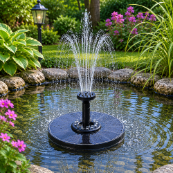 Solcellespringvand med 12 LED-lys - Automatisk t�nd/sluk - 7 forskellige spr�jtem�nstre - �16 cm