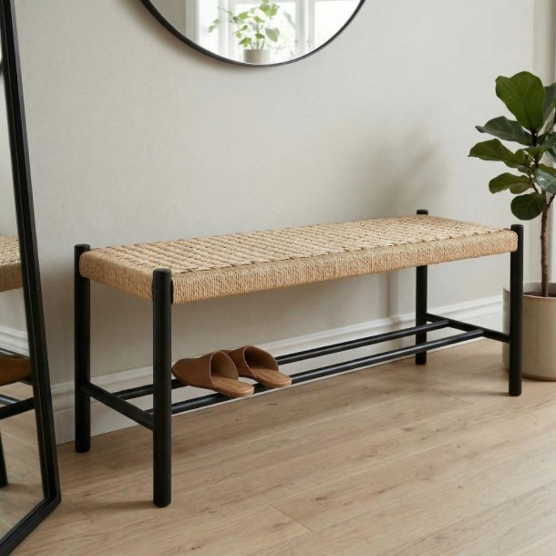 B�nk i sort egetr� og natur flet 120x35x45 cm. MODERNE B�NK I SORT EGETR�