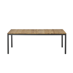 Familiebord med tynde lameller i alu og teaktr. Til 6-8 personer