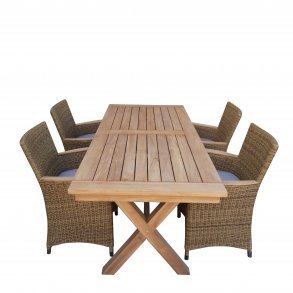 Californien familie st i goldteak med 4 stole i UV-beskyttet polyrattan - 4-10 personer