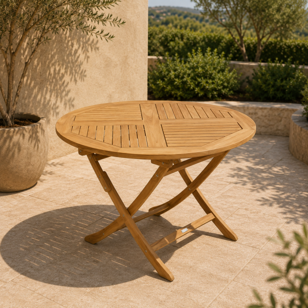 Rundt foldbart havebord. St. � 110 cm til 4 personer. BOSTON GOLD TEAK