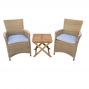 Boston cafest med foldbart teak bord og to miami stole i UV-beskyttet polyrattan