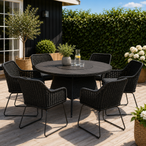 Vickie havem�bels�t - Elegant rundt havebord �150 cm med drejeskive og 6 komfortable havestole med hynder - Sort