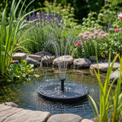 Solcellespringvand med 24 LED-lys - Automatisk t�nd/sluk - 7 forskellige spr�jtem�nstre - �20 cm