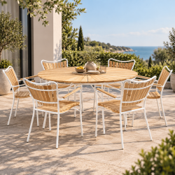 Moderne Ella haves�t � rundt �150 cm teakbord &amp; 6 hvide stole
