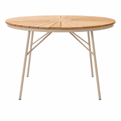 Sia havem�bels�t med stilrent �110 cm havebord og 4 stabelbare havestole i sandfarvet aluminium og gold teak - Ideel til hyggelige stunder p� terrassen eller haven