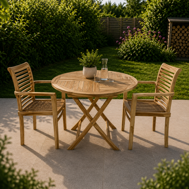 Cafes�t med rundt foldebord og stabelstole �: 90cm Model: Mondena/Lombok