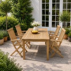 Klassiskt tr�dg�rdsm�belset i silverteak f�r 4 personer. Modell: Mondena / Java