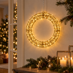 Smuk guldfarvet dekorationsring i metal med hyggeligt LED-lys og adapter - Til indend�rs og udend�rs brug - F�s i flere st�rrelser