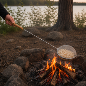 2-delt DAN GRILL popcornnet i rustfrit st�l - 120 cm langt h�ndtag - Perfekt til l�kre popcorn over b�l og �ben ild