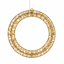Smuk guldfarvet dekorationsring i metal med hyggeligt LED-lys og adapter - Til indend�rs og udend�rs brug - F�s i flere st�rrelser