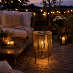 Elegant solcelle-gulvlygte i naturfarvet flet - Hyggelig LED-belysning til terrasse og have - V�lg st�rrelse