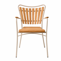 Ella caf�s�t med elegant �80 cm caf�bord og 2 stabelbare havestole i sandfarvet aluminium og gold teak - Perfekt til altanen eller mindre terrasser