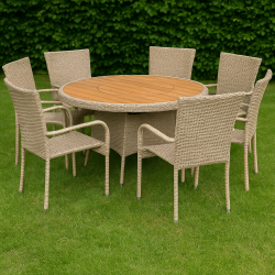 Vedligeholdelsesfrit havembelst med t havebord med drejeskive og 6 x Pisa stabelstole!