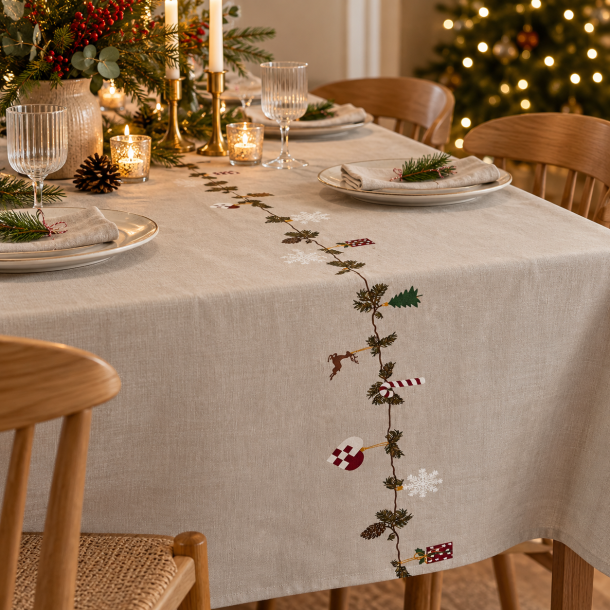 Juledug i Sandfarvet Bomuld med Juleprint � F�s i 7 st�rrelser