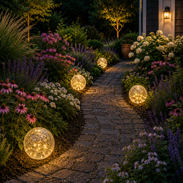 Solcelle kugle med spyd i krakeleret glas med solcellepanel - 20 LED-lys - F�s i flere st�rrelser